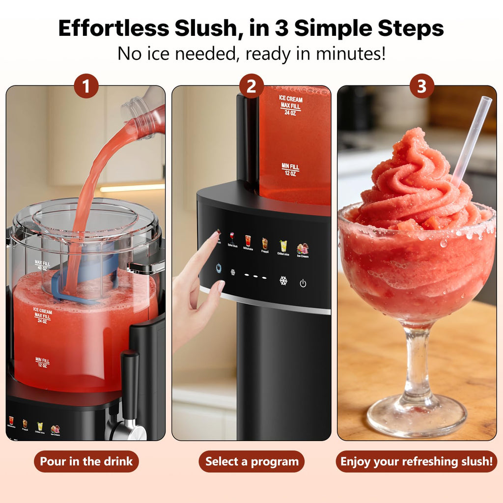 Slushie Machine, Ice Cream Maker, Slushy Machine for Home and Families, No ice needed with Rapid Chill & Temperature Control, Multi-function for Margarita, Frappé, Easy to Clean, Black