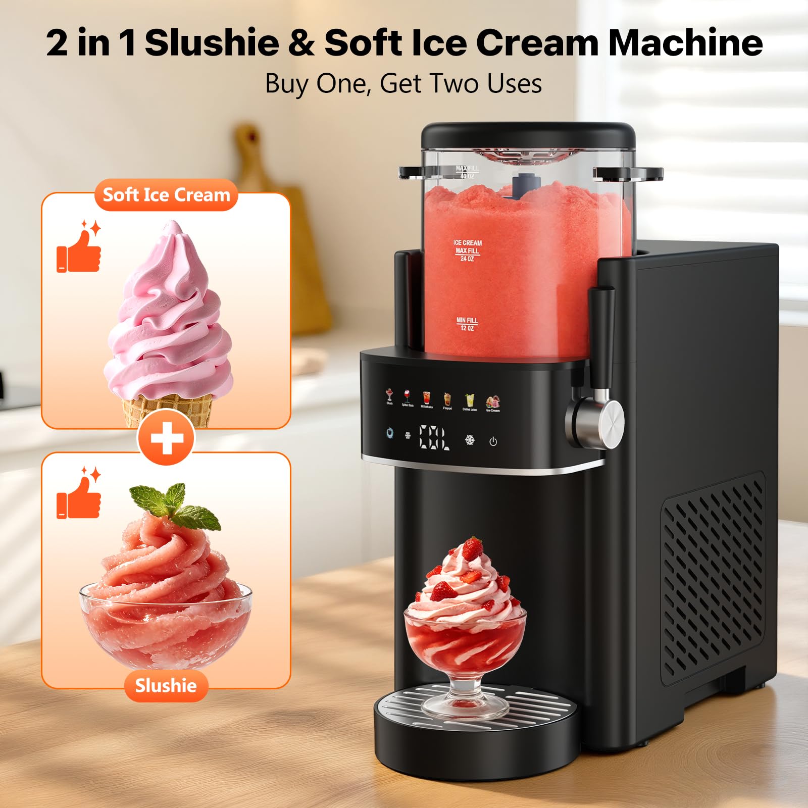 Slushie Machine, Ice Cream Maker, Slushy Machine for Home and Families, No ice needed with Rapid Chill & Temperature Control, Multi-function for Margarita, Frappé, Easy to Clean, Black