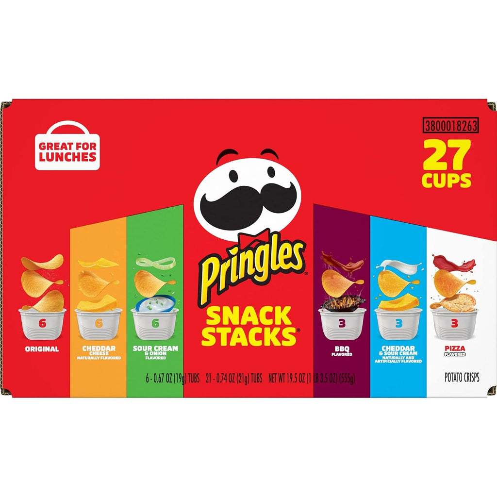 Pringles Potato Crisps Chips, Lunch Snacks, Snack Cups, Variety Pack, 19.5oz Box (27 Cups)
