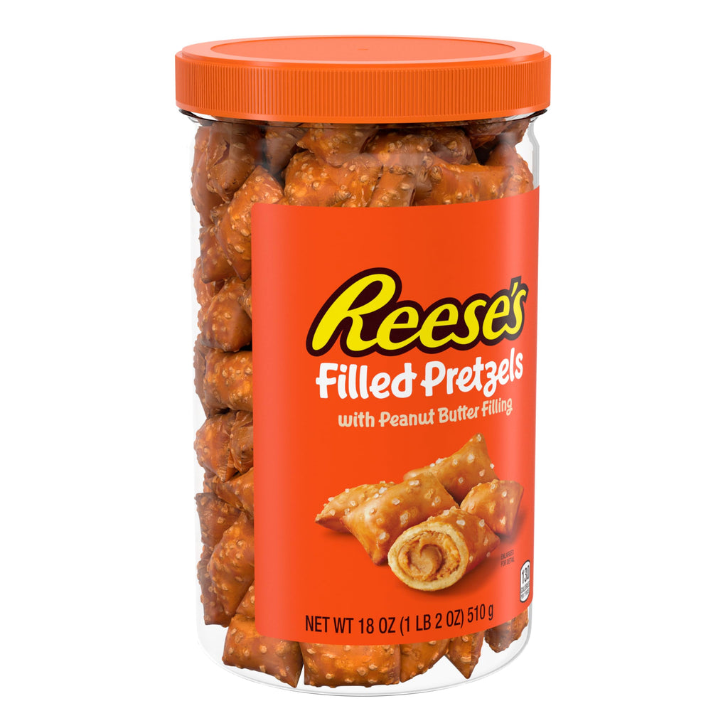 Reese's Pretzels rellenos, nuggets de pretzel de mantequilla de maní, crujientes, listos para comer, aperitivo dulce y salado, tarro de 18 onzas