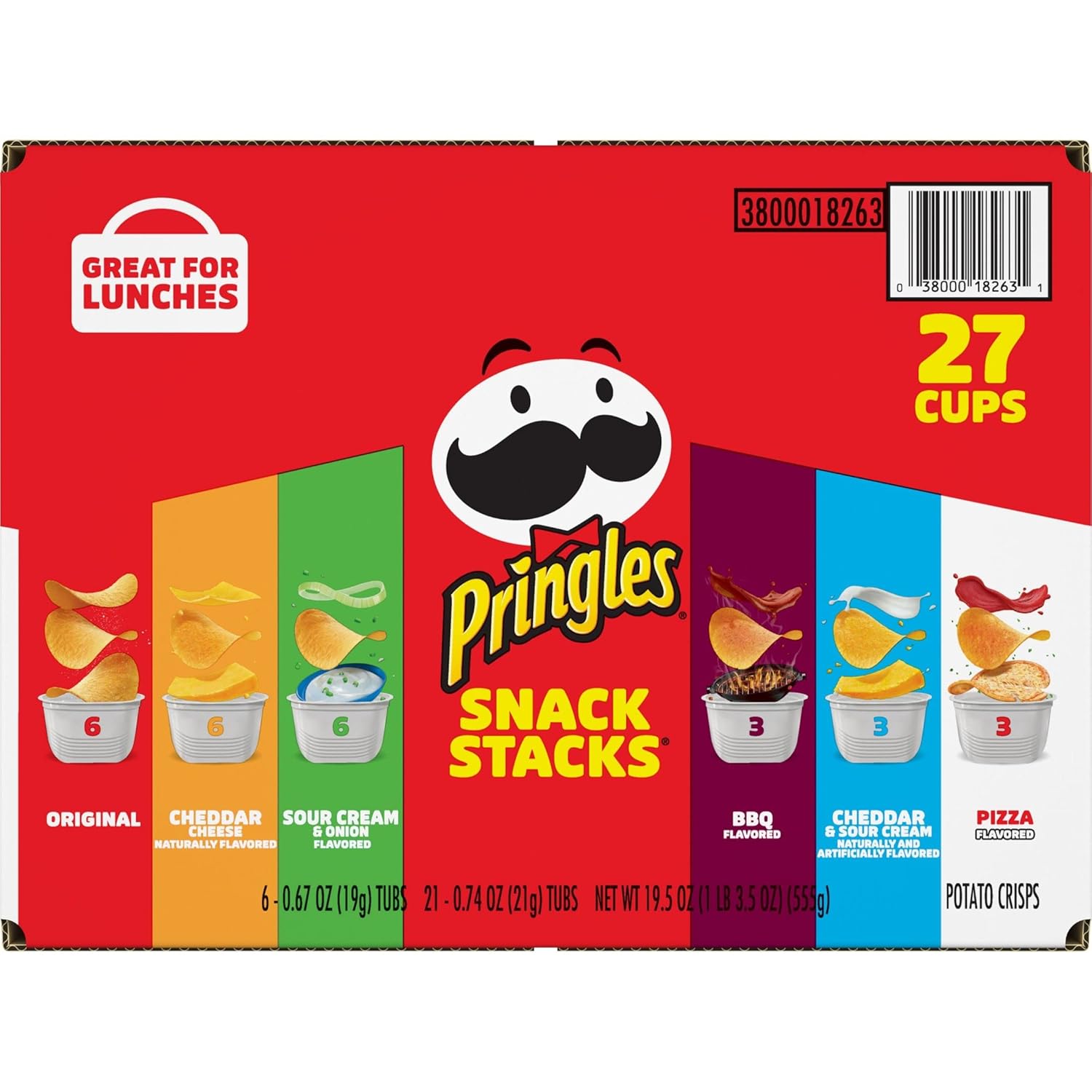 Pringles Potato Crisps Chips, Lunch Snacks, Snack Cups, Variety Pack, 19.5oz Box (27 Cups)