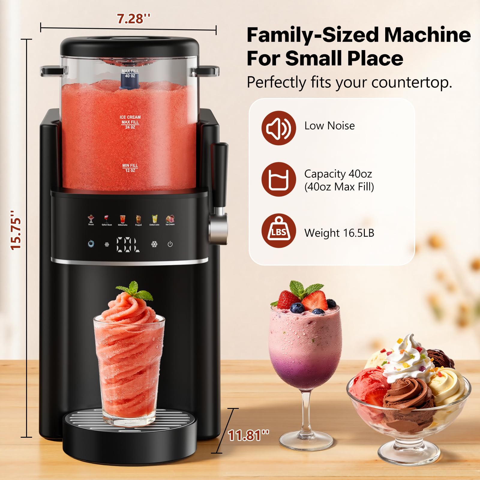Slushie Machine, Ice Cream Maker, Slushy Machine for Home and Families, No ice needed with Rapid Chill & Temperature Control, Multi-function for Margarita, Frappé, Easy to Clean, Black