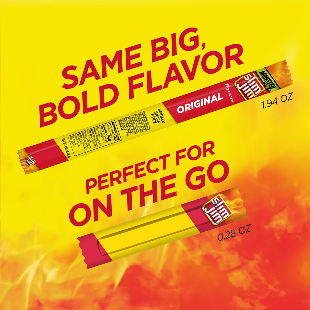 Slim Jim Smoked Meat Sticks, Original Flavor, 6g Protein Per Serving, Snack Size, 0.28 oz. (100 Count)
