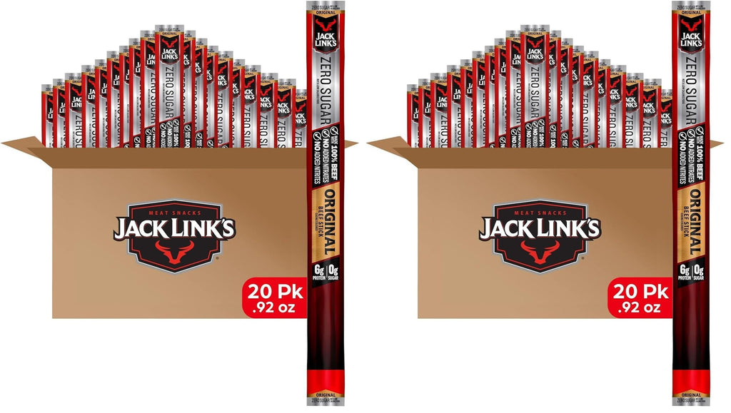 Jack Link's Original Zero Sugar Beef Sticks - (20 Pack) 0.92 oz Meat Sticks - Ready to Eat Protein Snacks - 5g Protein per Serving - Made with 100% Real Beef