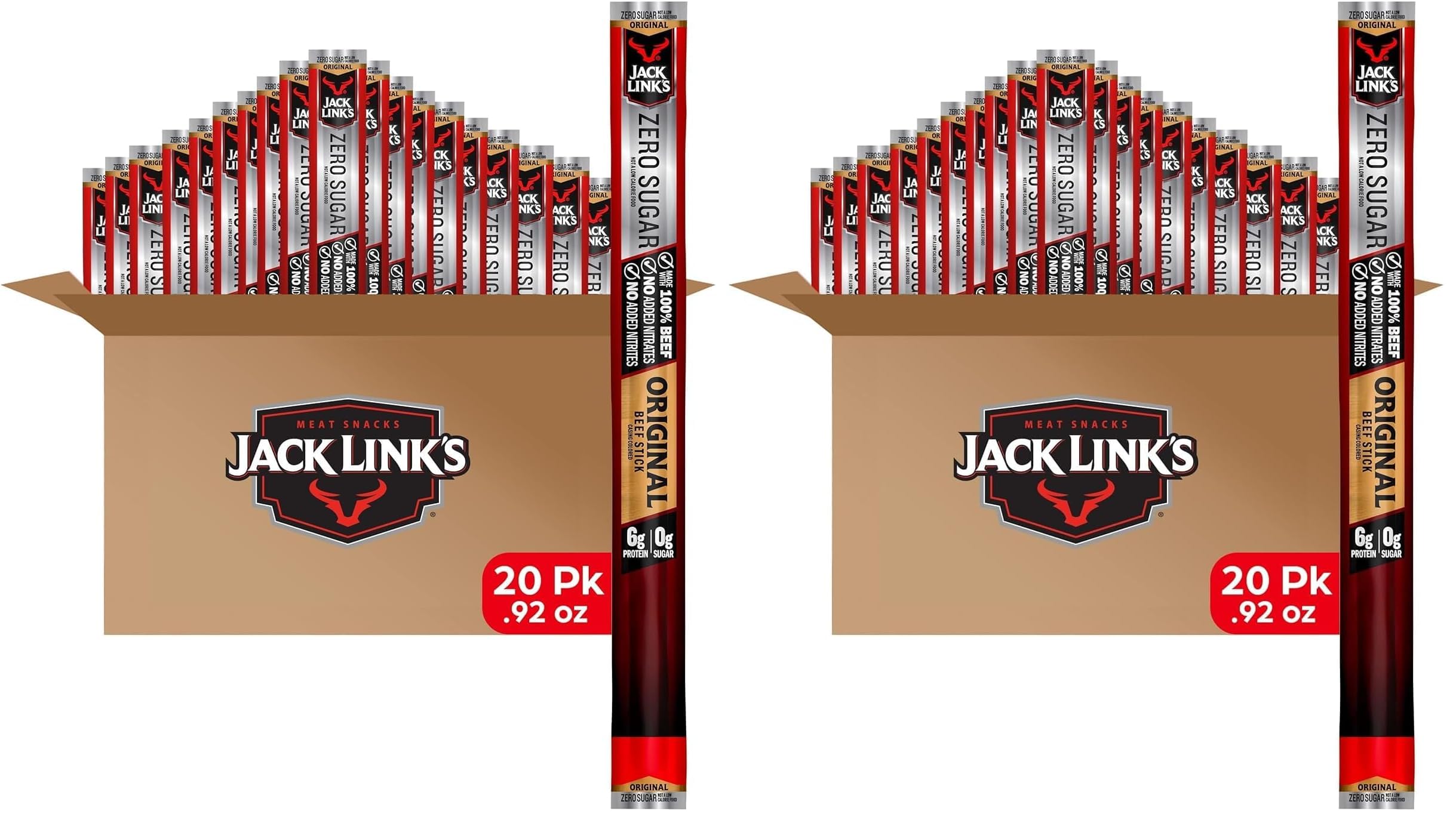 Jack Link's Original Zero Sugar Beef Sticks - (20 Pack) 0.92 oz Meat Sticks - Ready to Eat Protein Snacks - 5g Protein per Serving - Made with 100% Real Beef