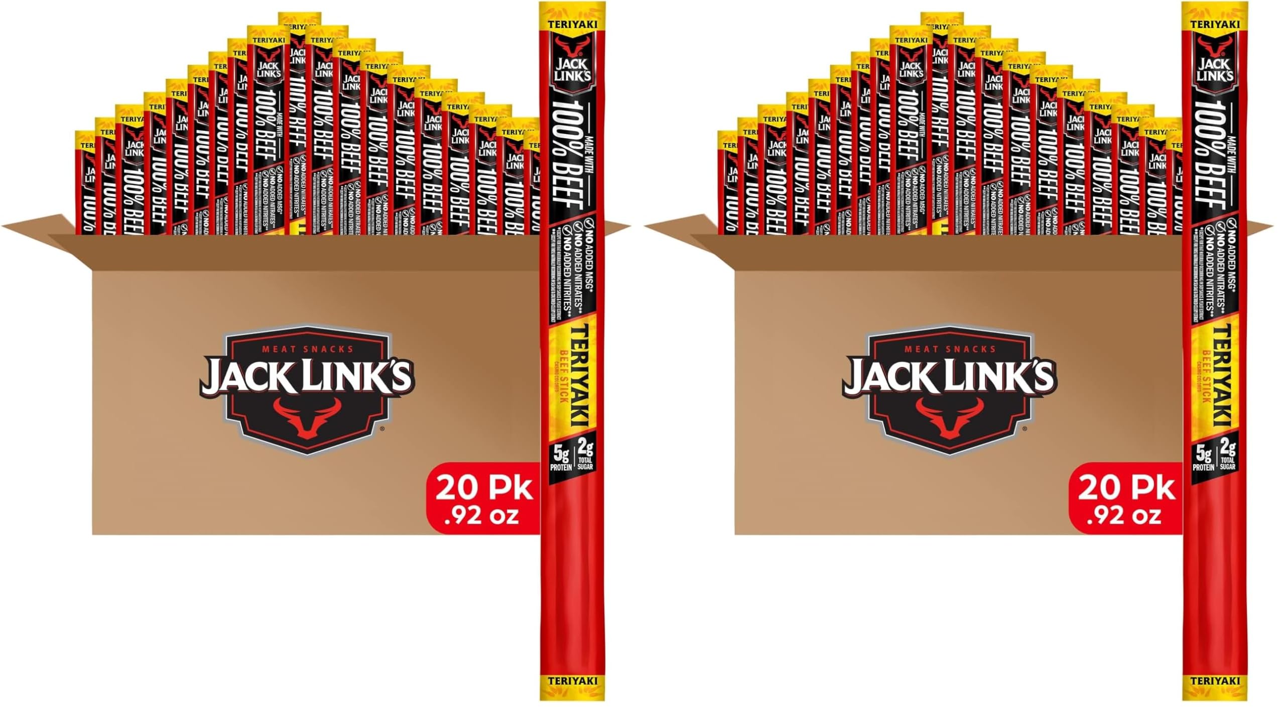 Jack Link's Original Zero Sugar Beef Sticks - (20 Pack) 0.92 oz Meat Sticks - Ready to Eat Protein Snacks - 5g Protein per Serving - Made with 100% Real Beef