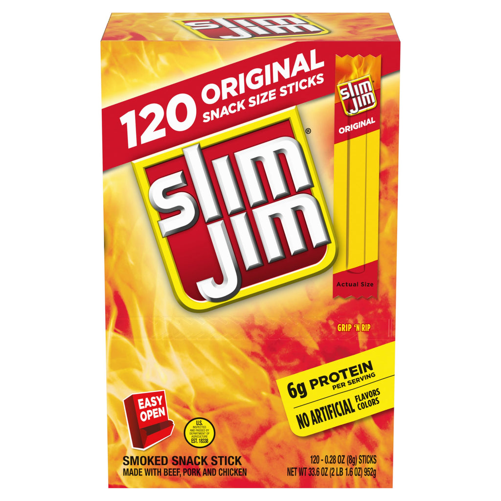 Slim Jim Smoked Meat Sticks, Original Flavor, 6g Protein Per Serving, Snack Size, 0.28 oz. (100 Count)
