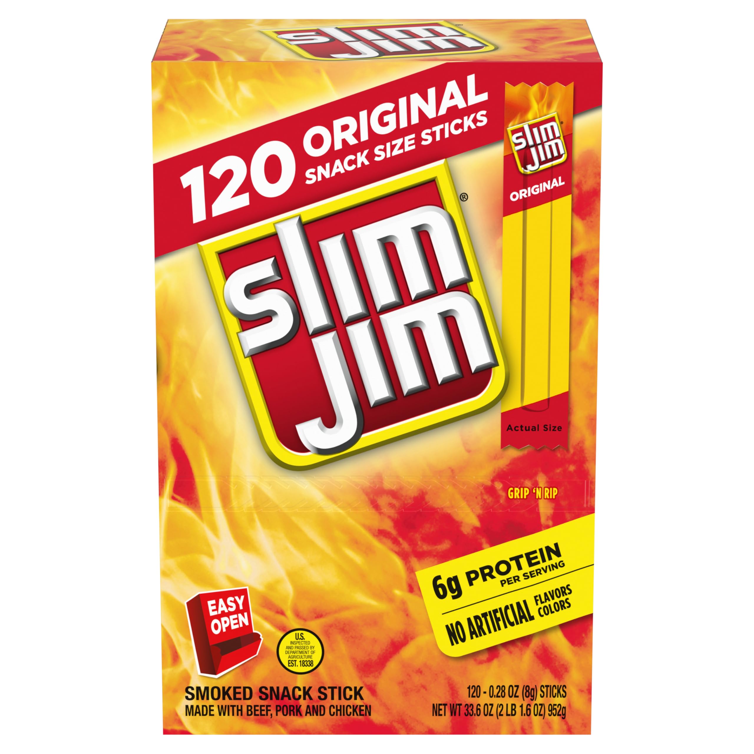 Slim Jim Smoked Meat Sticks, Original Flavor, 6g Protein Per Serving, Snack Size, 0.28 oz. (100 Count)