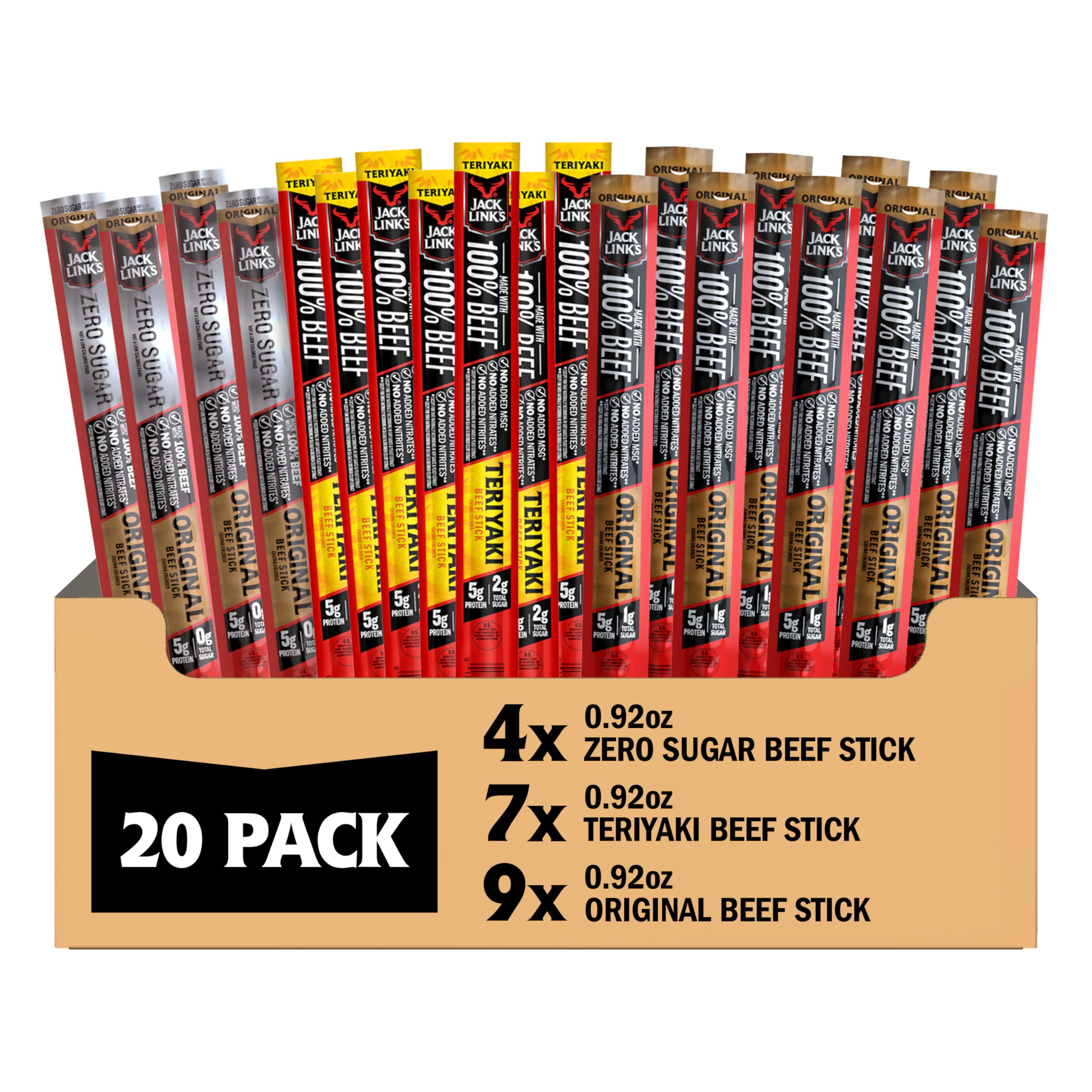 Jack Link's Original Zero Sugar Beef Sticks - (20 Pack) 0.92 oz Meat Sticks - Ready to Eat Protein Snacks - 5g Protein per Serving - Made with 100% Real Beef