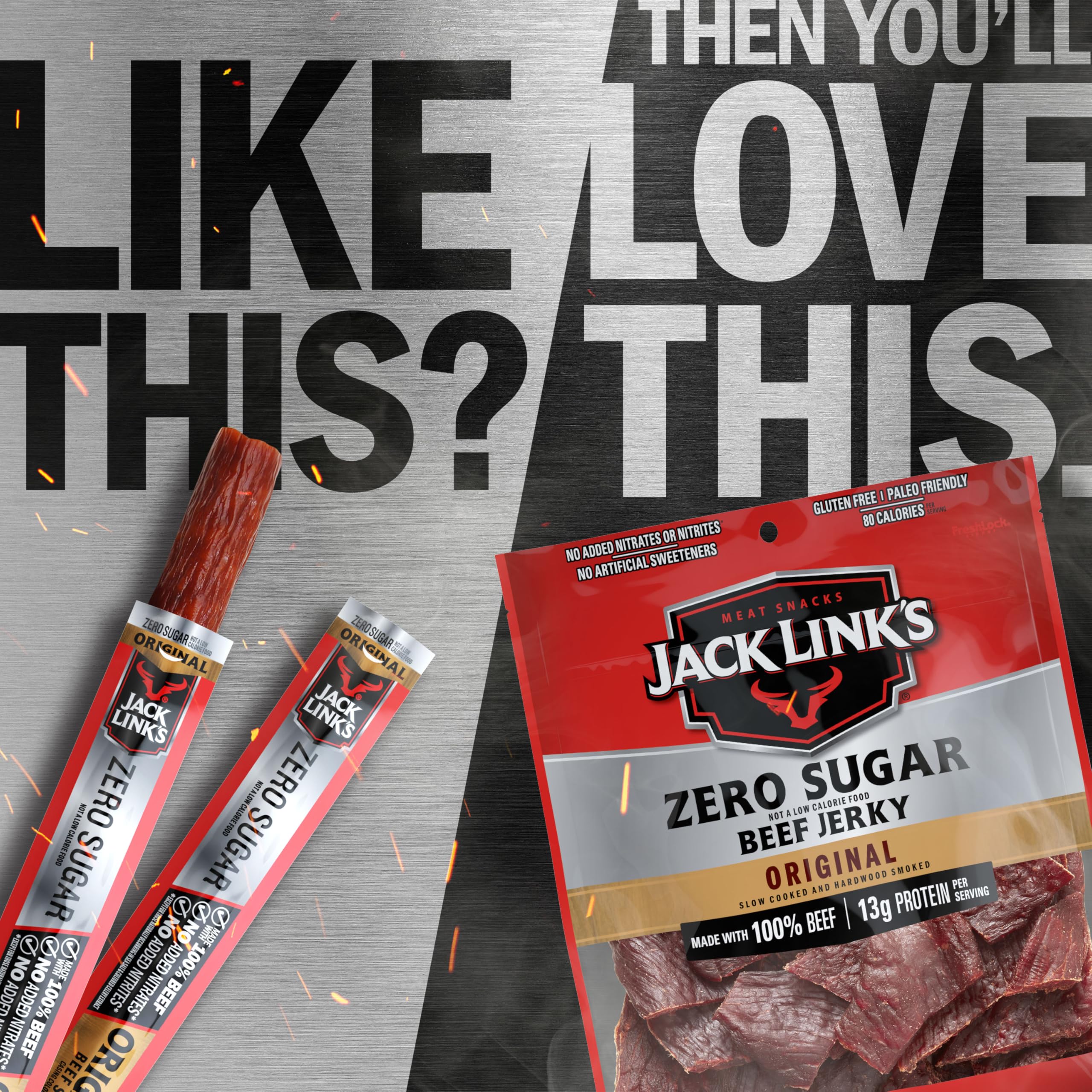 Jack Link's Original Zero Sugar Beef Sticks - (20 Pack) 0.92 oz Meat Sticks - Ready to Eat Protein Snacks - 5g Protein per Serving - Made with 100% Real Beef